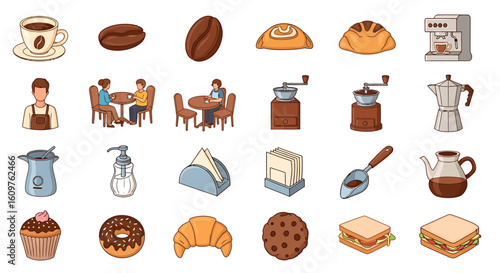 Vector Icons Set of A colorful cartoon collection of coffee shop items including coffee pastries equipment and a barista. EPS Editable