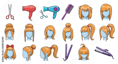 Vector Icons Set of A colorful cartoon collection of hairstyling tools and various ginger hairstyles including buns braids and ponytails on faceless blue mannequins. EPS Editable