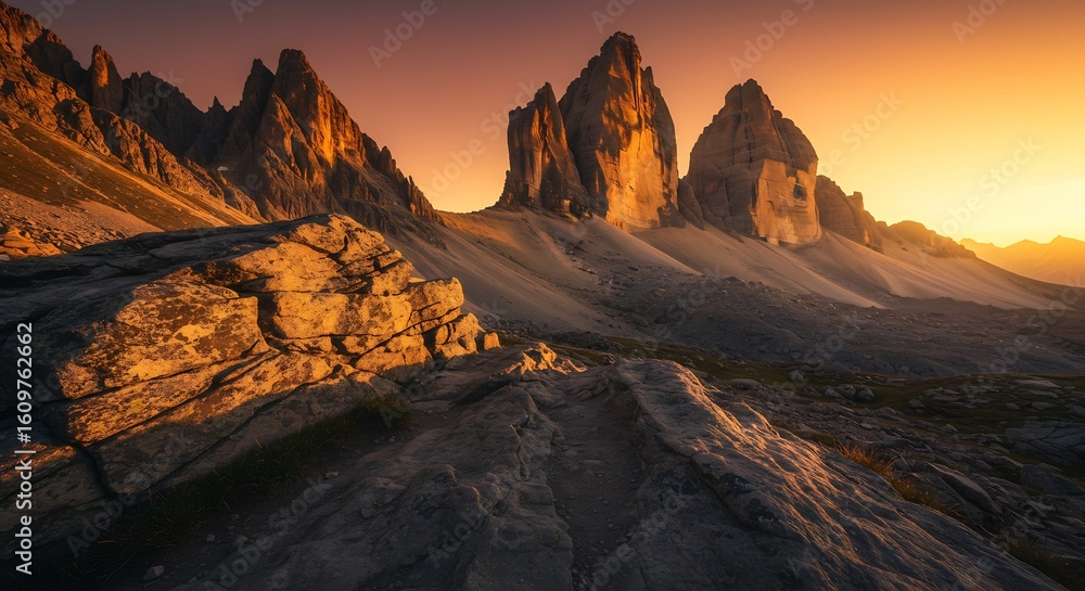 Naklejka premium Majestic Mountain Peaks Bathed in Golden Hour Sunlight