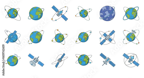 Vector Icons Set of A colorful cartoon icon set of Planet Earth and communication satellites with orbital paths. EPS Editable