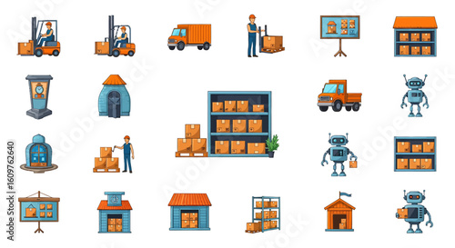 Vector Icons Set of A colorful cartoon icon set illustrating warehouse operations logistics delivery trucks workers robots and storage elements. EPS Editable