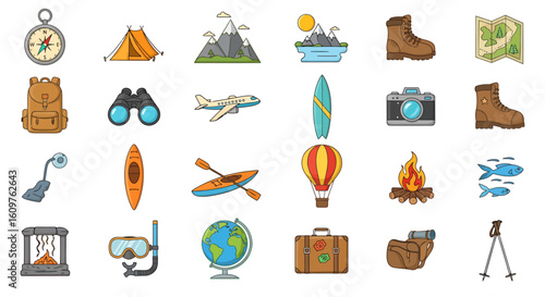 Vector Icons Set of A colorful cartoon icon set for travel camping and outdoor adventure activities. EPS Editable