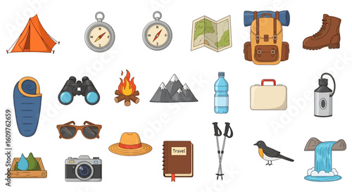 Vector Icons Set of A colorful cartoon set of travel hiking and camping equipment icons for outdoor adventure. EPS Editable