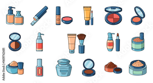 Vector Icons Set of A colorful cartoon set of various makeup and cosmetic products including foundation lipstick powder and blush. EPS Editable