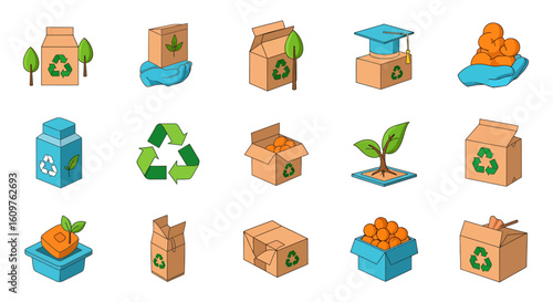 Vector Icons Set of A colorful cartoonstyle icon set about recycling and ecology This collection features cardboard boxes green recycle symbols plants trees and environmental conce. EPS Editable