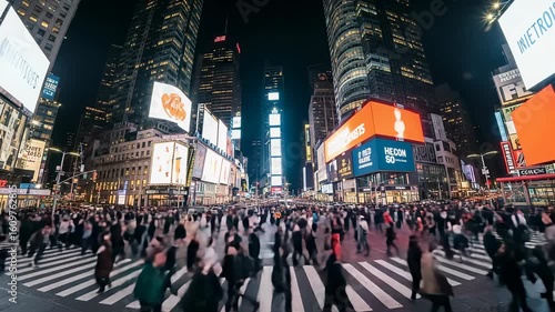 Rapid changes on digital billboards in Times Square capture vibrant nightlife and pedestrian movement in time lapse