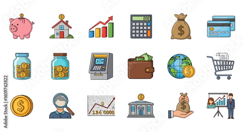 Vector Icons Set of A colorful collection of cartoon finance and banking icons This set includes a piggy bank money bag credit cards charts and an ATM all with bold outlines. EPS Editable