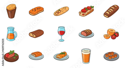 Vector Icons Set of A colorful collection of cartoon food and drink icons including bread pastries wine beer and appetizers illustrated in a simple bold style. EPS Editable