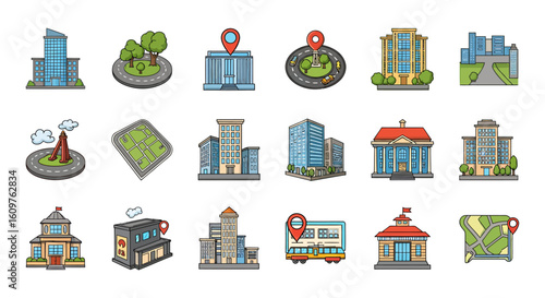 Vector Icons Set of A colorful collection of cartoon city and navigation icons This set includes skyscrapers public buildings parks roads and map location pins in a flat outlined s. EPS Editable