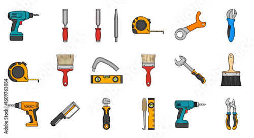 Vector Icons Set of A colorful collection of construction and repair hand tools including drills wrenches and chisels depicted in a flat cartoon icon style. EPS Editable