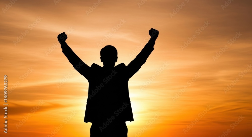 Fototapeta premium A silhouette of a triumphant person celebrating with arms raised against a golden sunset, symbolizing personal success and achieving goals.