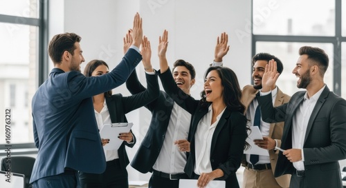 A diverse and excited business team celebrating a victory with a group high-five. Happy colleagues cheering for a shared success in the office.