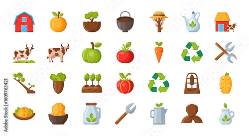 Vector Icons Set of A colorful collection of flat design icons representing farming agriculture and rural life elements. EPS Editable