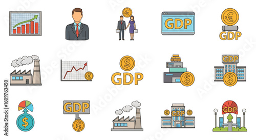 Vector Icons Set of A colorful collection of flat design icons representing Gross Domestic Product GDP economic growth and financial concepts. EPS Editable