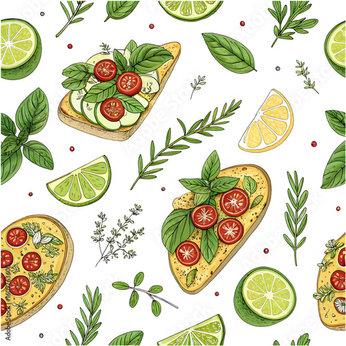 Delicious bruschetta with tomatoes and basil and citrus fruits pattern