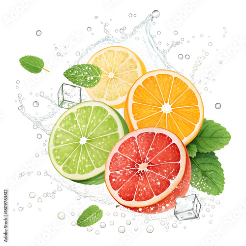 Refreshing citrus slices with mint and ice cubes in water splash