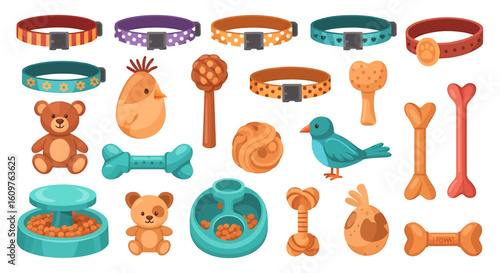 Vector Icons Set of A colorful illustrated set of various pet accessories including collars chew toys teddy bears and interactive puzzle feeders for dogs and cats. EPS Editable