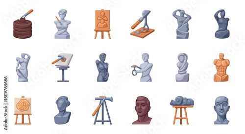 Vector Icons Set of A colorful set of cartoon icons illustrating the art of sculpture featuring tools clay stone busts and statues. EPS Editable