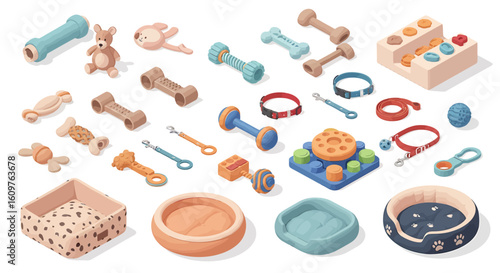 Vector Icons Set of A colorful isometric set of pet supplies including chew toys puzzle feeders plush beds and collars. EPS Editable