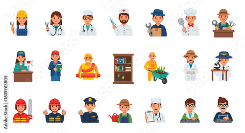 Vector Icons Set of A diverse collection of cartoon character icons representing various professions and occupations. EPS Editable