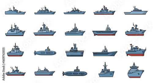 Vector Icons Set of A diverse collection of cartoonstyle military naval vessels including warships submarines and patrol boats presented as flat icons with bold outlines. EPS Editable