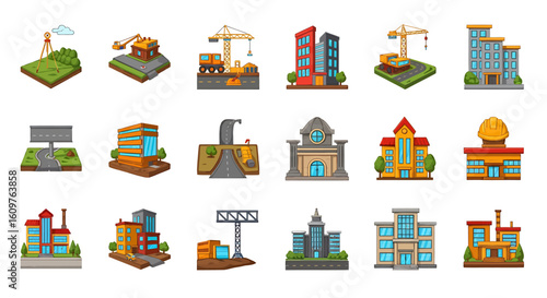 Vector Icons Set of A diverse collection of cartoonstyle building and construction site icons for urban development. EPS Editable