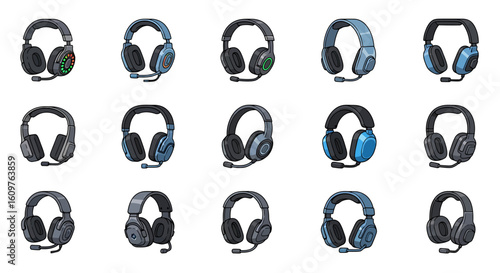 Vector Icons Set of A diverse collection of cartoonstyle gaming headsets with microphones featuring various modern designs and colorful accents. EPS Editable