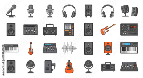 Vector Icons Set of A diverse collection of cartoonstyle music production and audio recording equipment icons including microphones speakers guitars and mixers. EPS Editable
