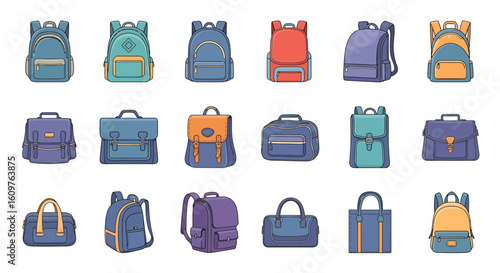 Vector Icons Set of A diverse collection of colorful cartoon backpacks rucksacks and satchels for school and travel. EPS Editable
