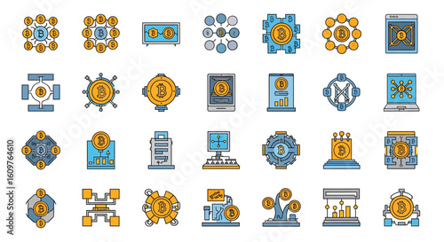 Vector Icons Set of A diverse set of Bitcoin and blockchain technology icons in a modern yellow and blue line art style. EPS Editable