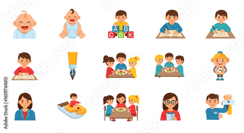 Vector Icons Set of A diverse set of cartoon character icons showing childhood development education family meals and Jewish holiday traditions like Passover. EPS Editable