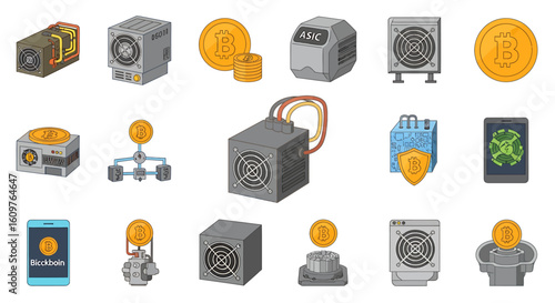 Vector Icons Set of A diverse set of cartoonstyle icons representing Bitcoin cryptocurrency mining equipment and digital finance concepts. EPS Editable