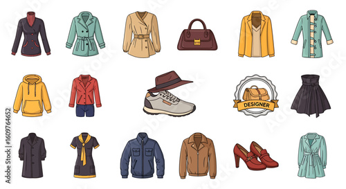 Vector Icons Set of A diverse set of colorful cartoon fashion icons including outerwear footwear and accessories for men and women. EPS Editable