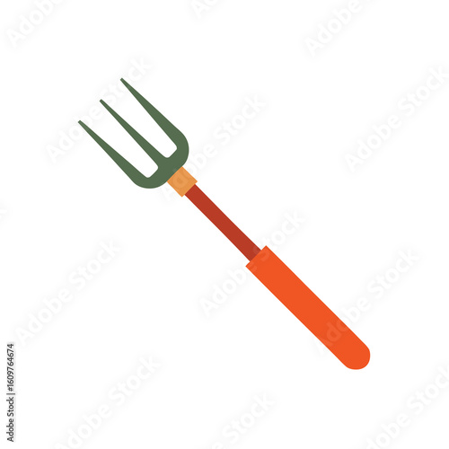 Illustration of a garden fork with green tines and orange handle on white background