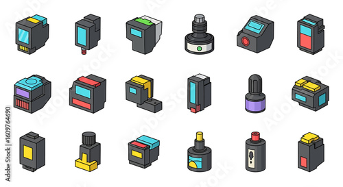 Vector Icons Set of A diverse set of colorful isometric printer ink cartridges and ink refill bottles. EPS Editable