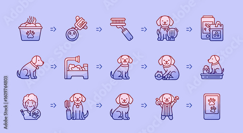 Vector Icons Set of A set of dog grooming and pet care process icons in a modern gradient line art style. EPS Editable