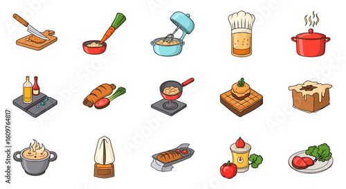Vector Icons Set of A sharp chefs knife slicing seasoned meat on a rectangular wooden cutting board icon. EPS Editable