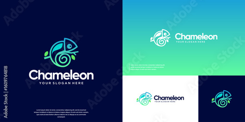 Chameleon logo with abstract line art style, colorful, symbolic defense, vector design template.
