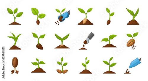 Vector Icons Set of A vibrant cartoon icon set illustrating the stages of plant germination and growth from seed to young sprout including gardening tools. EPS Editable