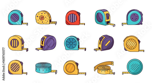 Vector Icons Set of A vibrant set of cartoonstyle tape measure icons showcasing diverse designs and colors for measurement tools. Vector Illustrations. EPS Editable