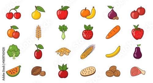 Vector Icons Set of Collection of Colorful Cartoon Food Icons Featuring Fruits Vegetables Grains and Meat. Vector Illustrations. EPS Editable