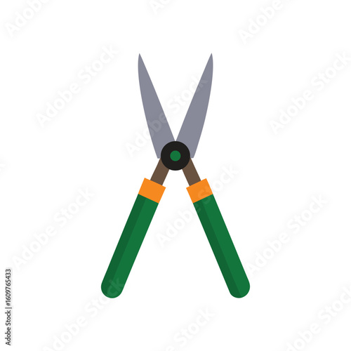 Illustration of garden shears with green handles on white backdrop on white background