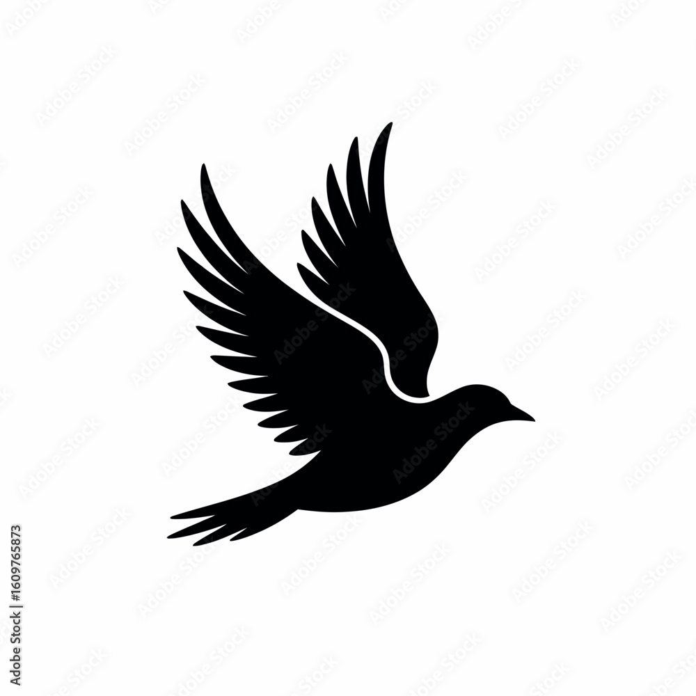 Obraz premium Elegant Silhouette of a Flying Bird with Detailed Wings on a White Background for Aviation and Freedom Concepts