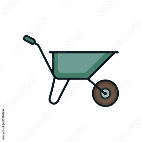 Simple Illustration of a Green Wheelbarrow on a White Background