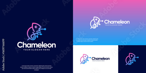 Chameleon logo sticking out its tongue, hunting, wildlife, graphic design vector.