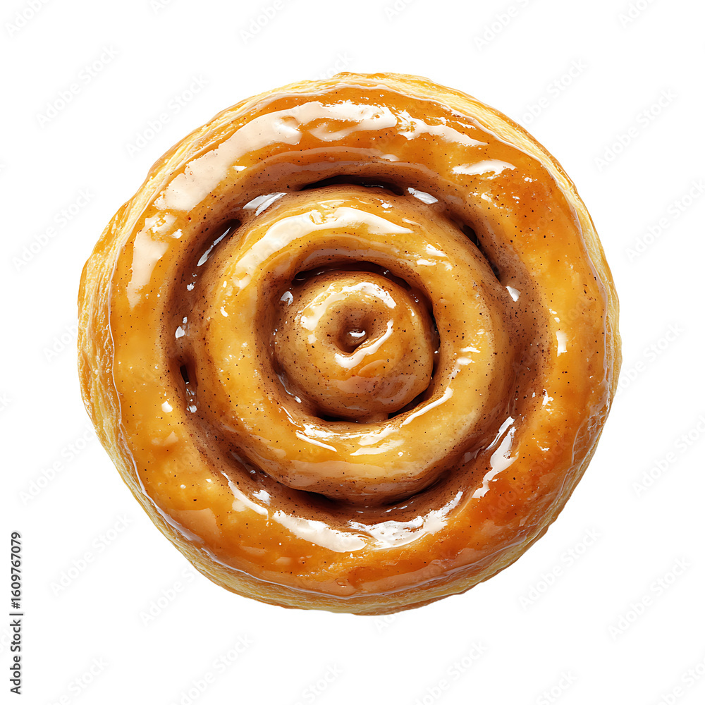 Fototapeta premium Top View of a Glazed Cinnamon Roll with Swirled Layers