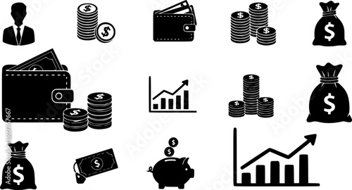 Finance icons. Business Icons, money signs. Money silhouette collection. Wallet with cards icon. Coins silhouette icon. Growth chart. Moneybag or stash. Piggy bank flat style - stock vector.