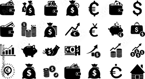 Finance icons. Business Icons, money signs. Money silhouette collection. Wallet with cards icon. Coins silhouette icon. Growth chart. Moneybag or stash. Piggy bank flat style - stock vector.