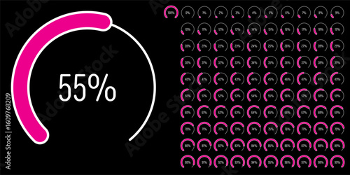 Set of circular sector arc percentage diagrams meters progress bar from 0 to 100 ready-to-use for web design, user interface UI or infographic - indicator with magenta hot pink