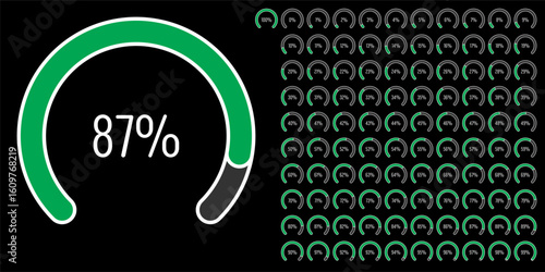 Set of circular sector arc percentage diagrams meters progress bar from 0 to 100 ready-to-use for web design, user interface UI or infographic - indicator with green